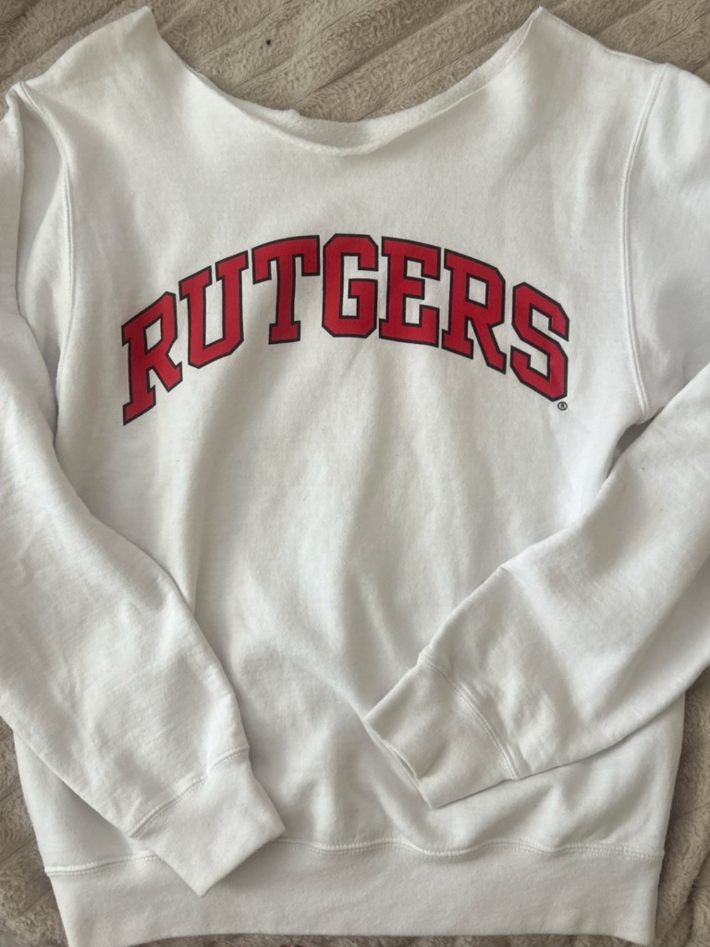 Rutgers White Crewneck Sweater with Red Logo